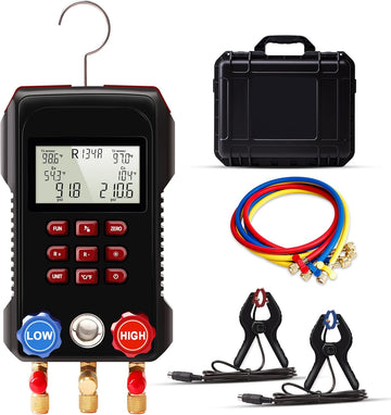 Digital HVAC Gauge, Aprvtio AMF-300 AC Manifold Gauge Set with 3000PSI Hoses and 2 Wired Temperature Clamp Probes, Refrigerant Gauges for Automotive HVAC System HVAC Tools Kit R134a R22 R12 R454B